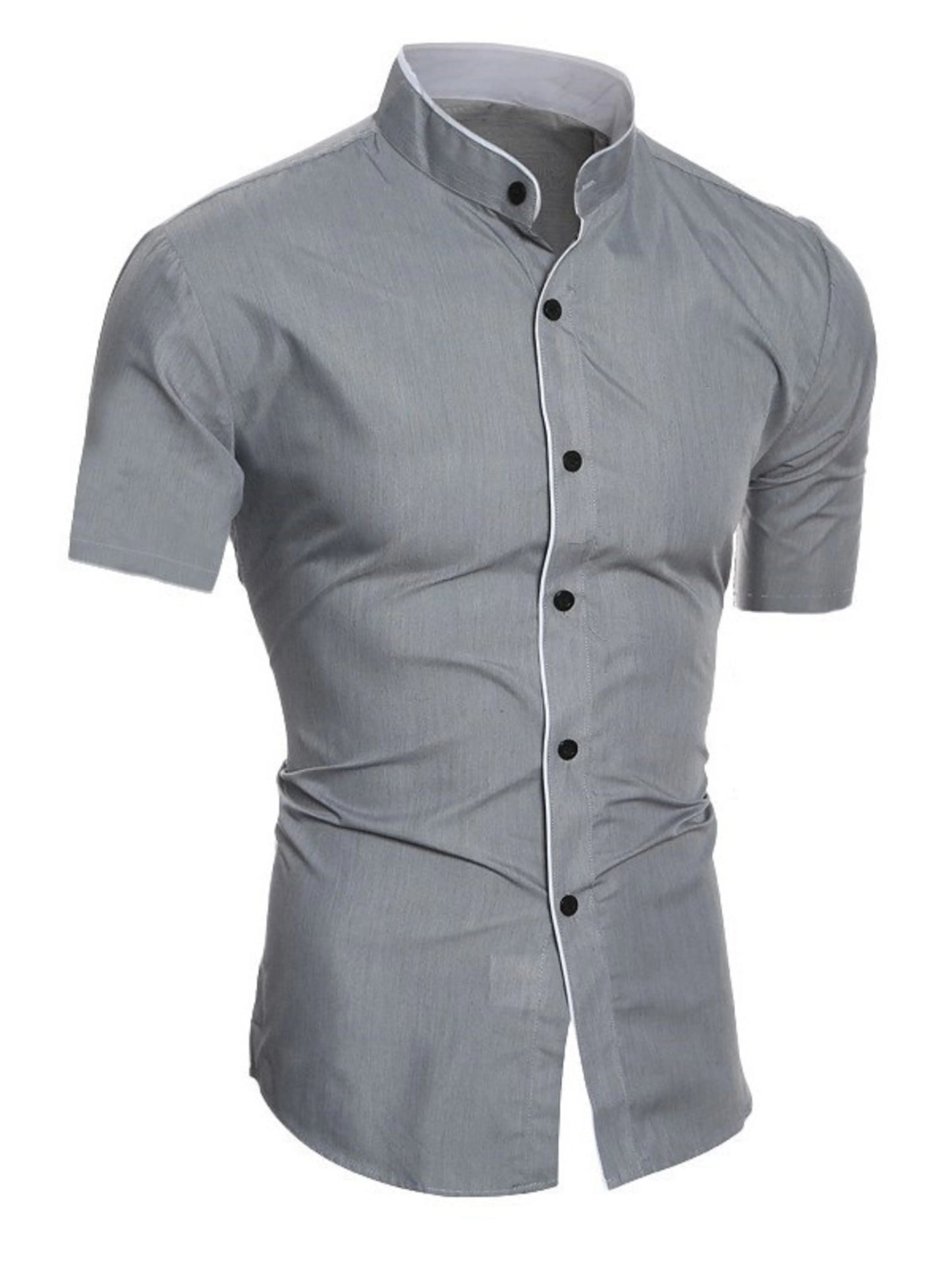 Men's summer short-sleeved casual fashion shirt, comfortable and breathable slim men's solid color stand-up collar top