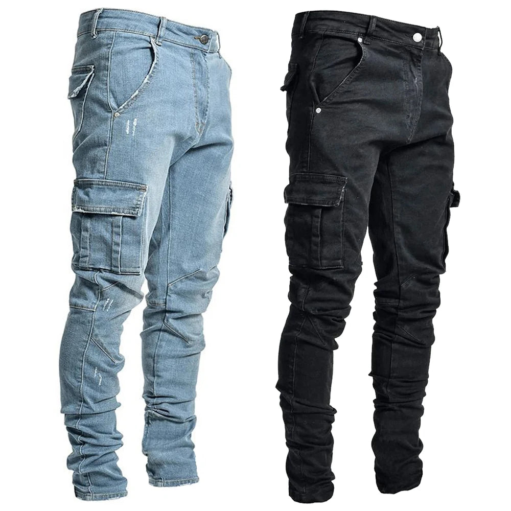 Street Elastic Jeans Men Denim Cargo Pants Wash Solid Color Multi Pockets Casual Mid Waist Trousers Slim Fit Daily Wear Joggers