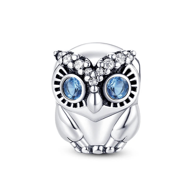 Hot Sale Charms Fit Pandora 925 Original Bracelet Silvering Owl With Blue Zircon Red Heart Charms Beads Fine DIY Jewelry Making