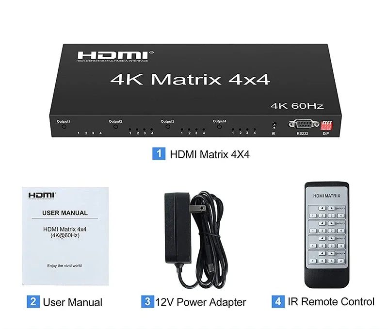 4K 60Hz HDMI True Matrix 4X4 HDMI 2.0 Matrix HDMI Switcher Splitter Selector 4 in 4 out HDCP2.2 EDID RS232 for PS4 PC TV Monitor