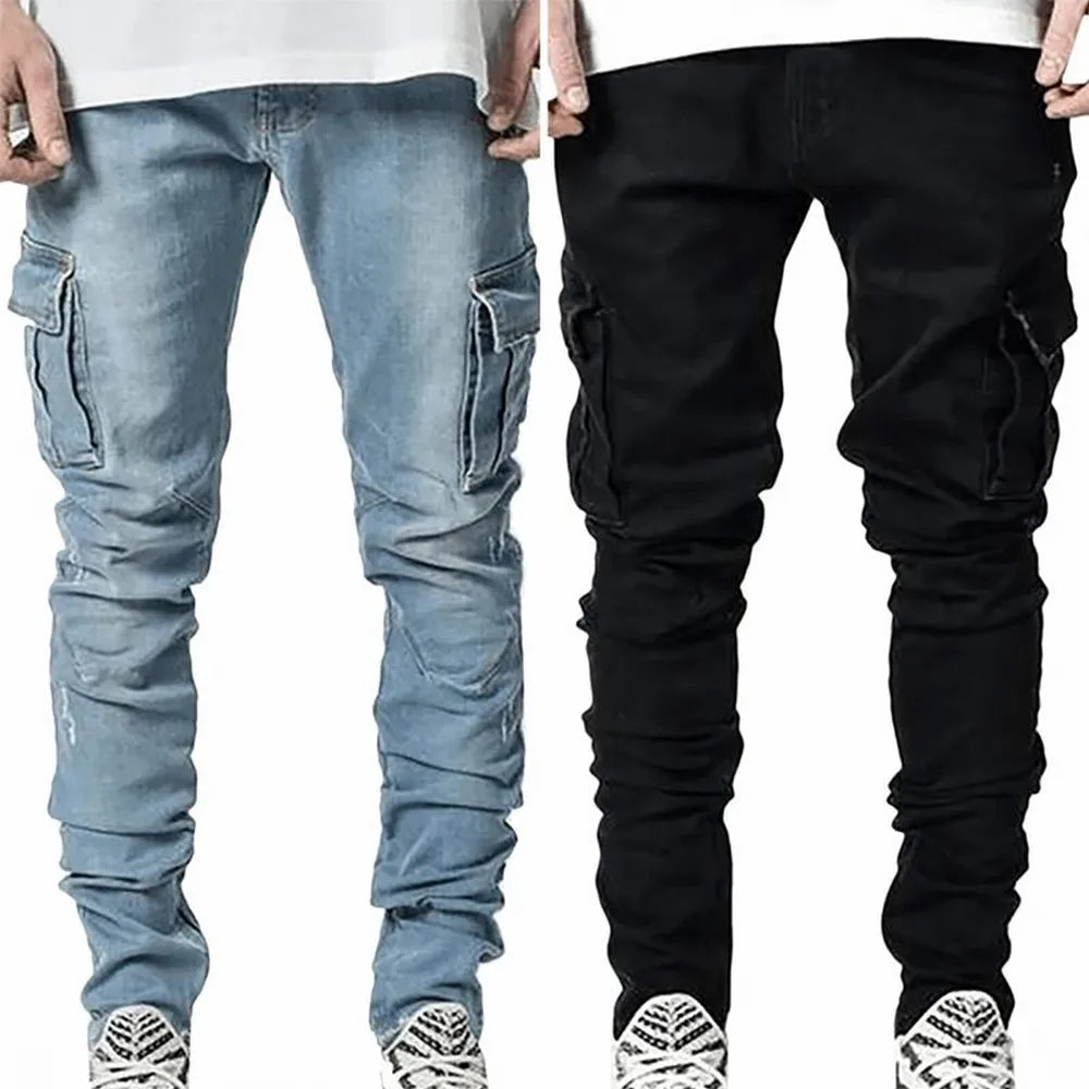 Street Elastic Jeans Men Denim Cargo Pants Wash Solid Color Multi Pockets Casual Mid Waist Trousers Slim Fit Daily Wear Joggers