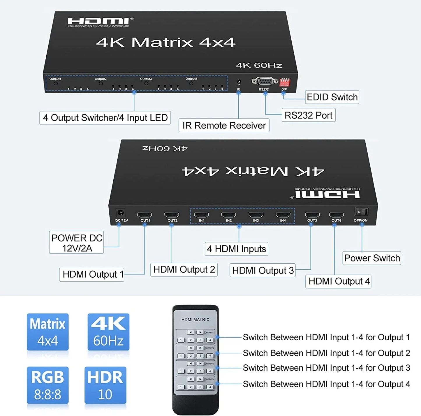 4K 60Hz HDMI True Matrix 4X4 HDMI 2.0 Matrix HDMI Switcher Splitter Selector 4 in 4 out HDCP2.2 EDID RS232 for PS4 PC TV Monitor